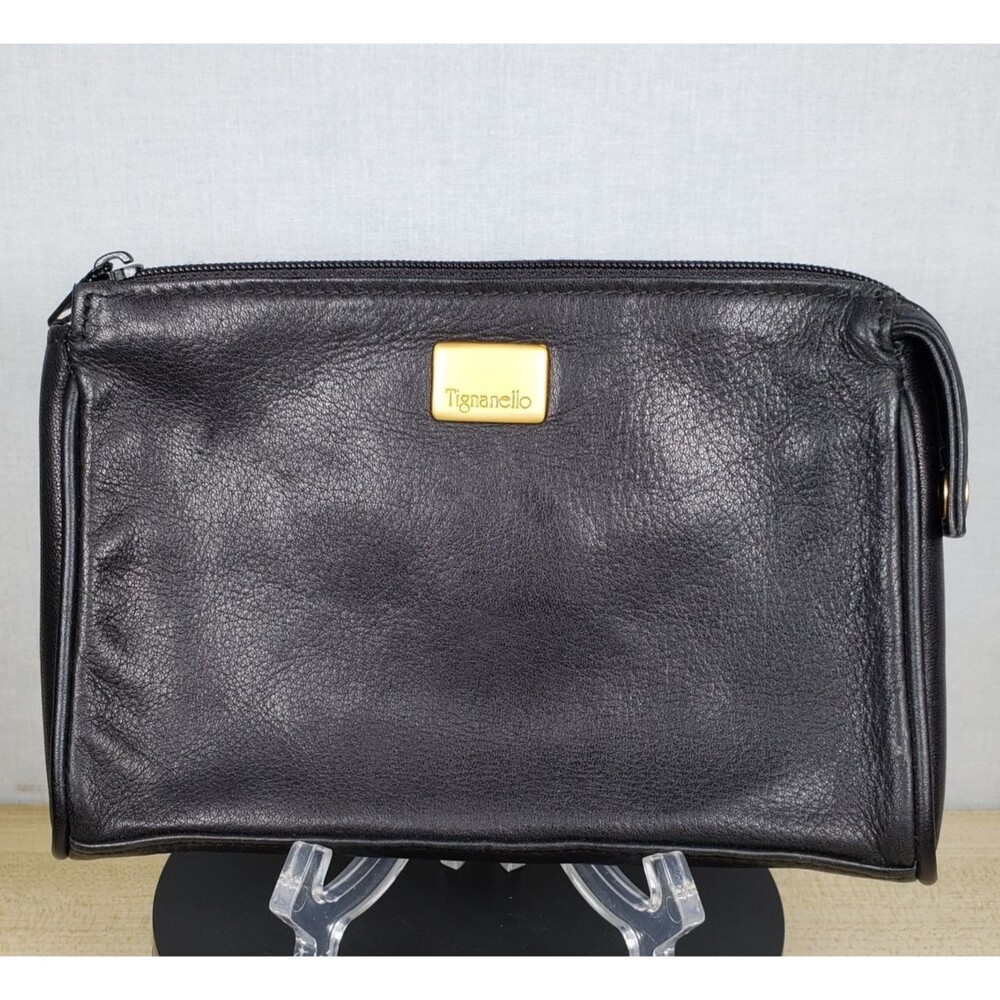 Vintage Tignanello Black Leather Long Organizer Zipper Top Cosmetic Travel Bag